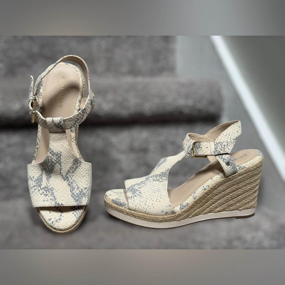 Cole Haan Cream Snakeskin-Print Espadrille Wedge Sandals